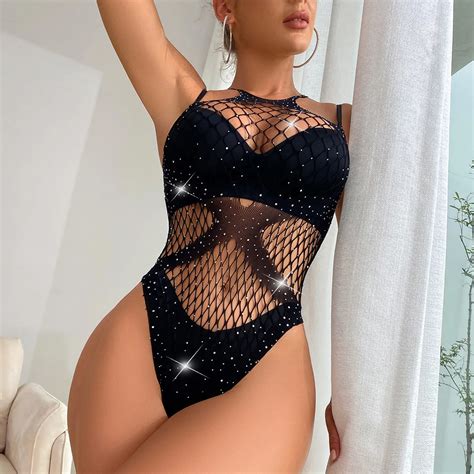 Womens Sexy Underwear Bright Diamond Black Mesh Fashion Large Bikini Fishnet Tights Hot Dress