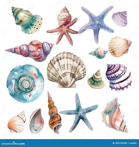 Set Of Seashells Isolated On White Background Watercolor Illustration