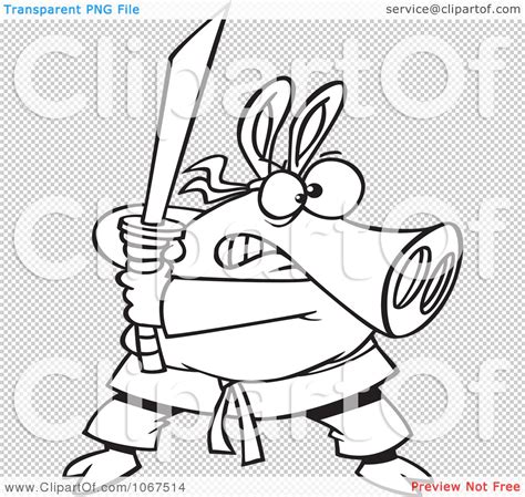 Clipart Outlined Ninja Pig With Sword Royalty Free Vector