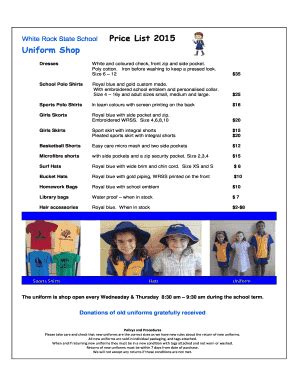 Fillable Online whiterockss eq edu Uniform Price List 2015 2010 - White ...