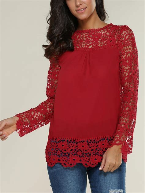 Off Lace Spliced Floral Crochet Openwork Blouse Rosegal