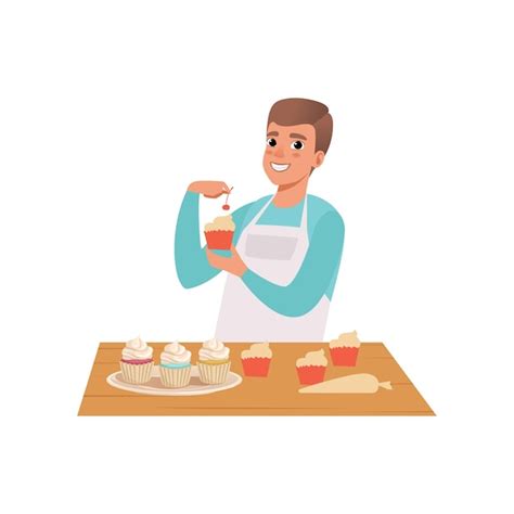 Hombre Sonriente Cocinando Cupcakes Joven Con Ropa Casual Y Delantal