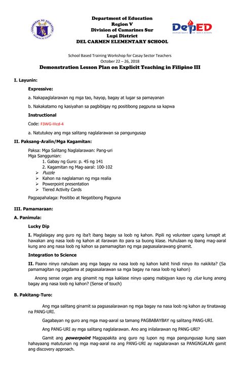 Lesson Plan In Filipino Grade Pang Uri Filipino Workshe Nbkomputer