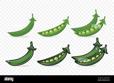 Vector Fresh Green Pea Pod Set Isolated Green Peas Design Cartoon