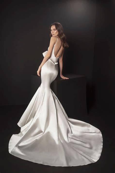 Spaghetti Strap Satin Mermaid Wedding Dress With Bow At Waist