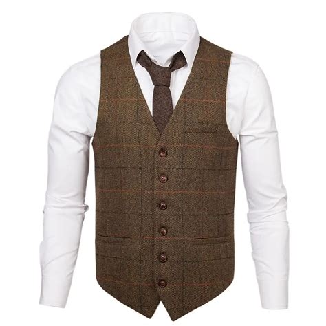 Voboom Brown Plaid Wool Tweed Mens Waistcoat Casual Fit Vest Single