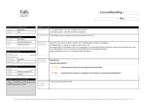 LVB Formulier Het Vak Kl Lesvoorbereiding Les Gegevens Van De