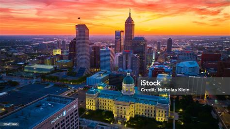 Aerial Twilight Cityscape With Historic Courthouse In Indianapolis