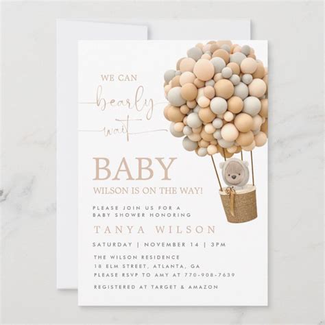 Neutral Hot Air Balloon Bear Baby Shower Invite Zazzle