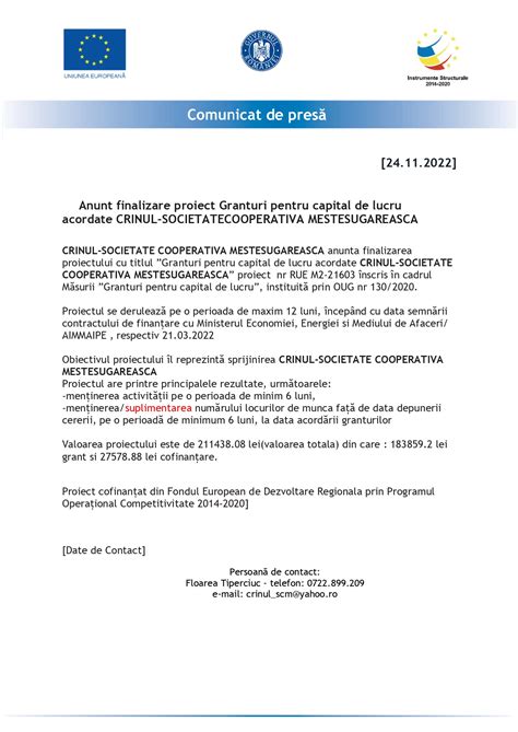 Anunt Finalizare Proiect Granturi Pentru Capital De Lucru Acordate