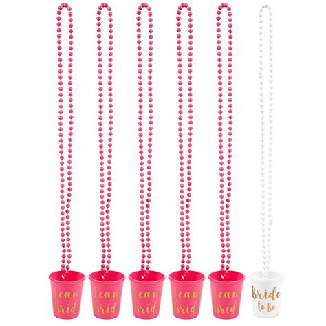 6 Pack Bridal Shot Glass Necklaces Team Bride And Bride To Be Plastic Beaded In Hot Pink And