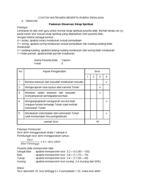 Contoh Rubrik Penilaian Non Tes Modif L Imagesee