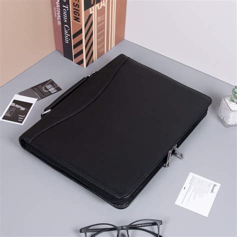 Personalized Black Full Cowhide Leather Portfolio With Handle Genuine