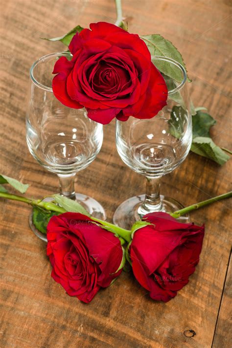 Wine Glasses And Red Roses ~ Holiday Photos On Creative Market