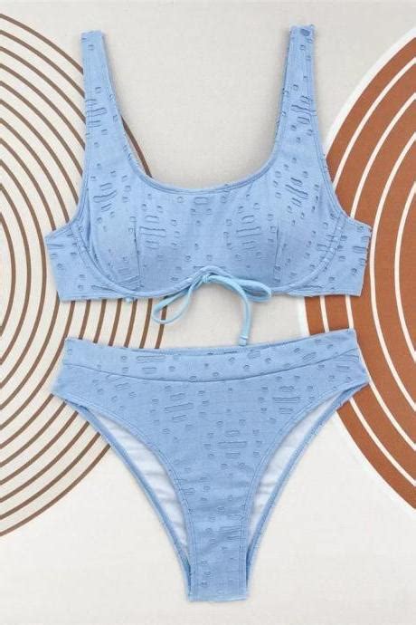 Fashion Background White Blue Red Floral Print High Neck Bottom Side Open Two Piece Bikini On Luulla