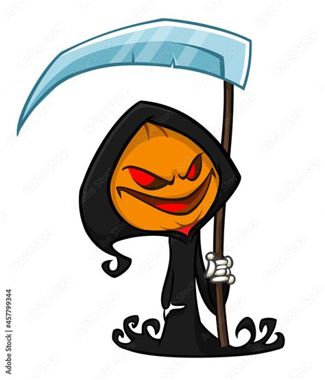 Grim Reaper Pumpkin Head Cartoon Character With Scythe Halloween Jack O Lantern Illustration