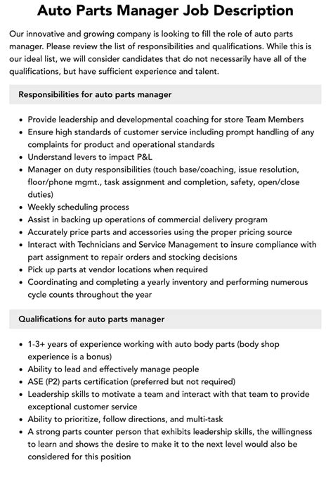 Auto Parts Manager Job Description Velvet Jobs