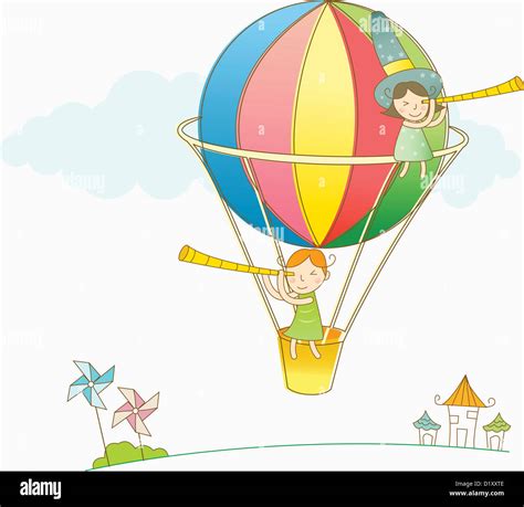 illustration of human cartoon characters on a hot air balloon Stock ...