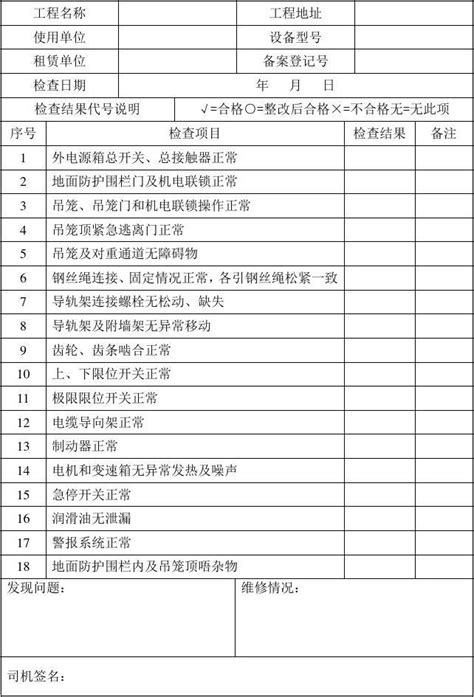 施工升降机每日使用前检查表word文档免费下载亿佰文档网