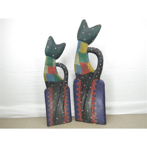 Vintage Large Balinese Hand Carved And Hand Painted Wooden Cat