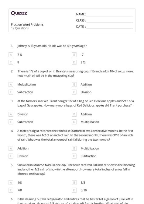 50 Fraction Word Problems Worksheets For 8th Grade On Quizizz Free