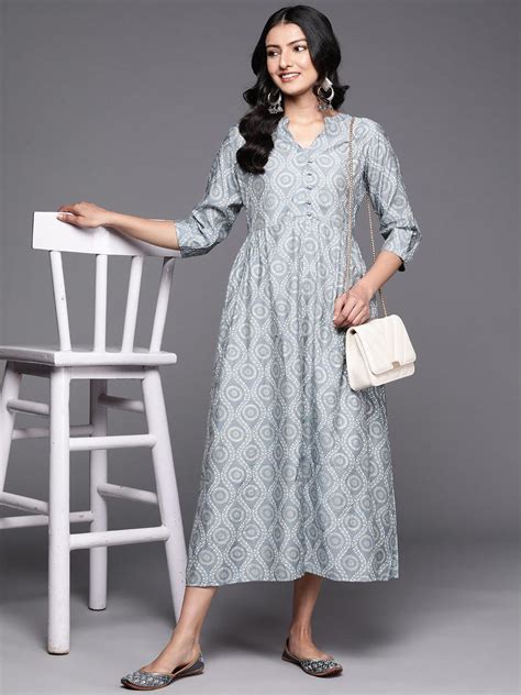 Buy Grey Printed Silk Fit And Flare Dress Online At Rs1209 Libas