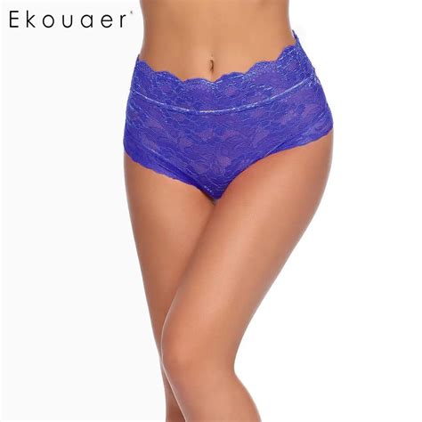 Ekouaer Sexy Lace Panties Women Lingerie Underwear Lace Floral High Back Waist Cross Up Lace