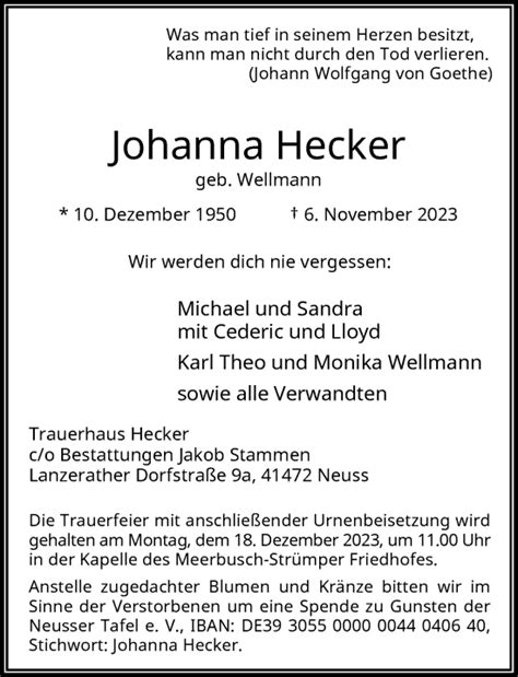 Alle Traueranzeigen für Johanna Hecker trauer rp online de