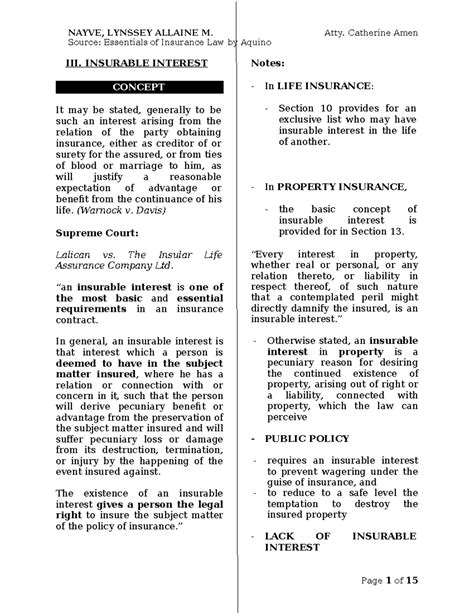 Insurable Interest - Notes - Source: Essentials of Insurance Law by