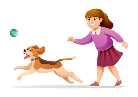 Cheerful Girl Playing With Her Beloved Dog Cartoon Illustration