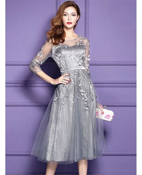 Silver Lace Midi Party Wedding Guest Dress For Fall Weddings With Sleeves Zl8028