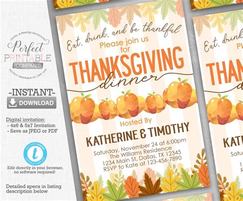 Thanksgiving Dinner Invitation, Thanksgiving Invitation, Thanksgiving ...