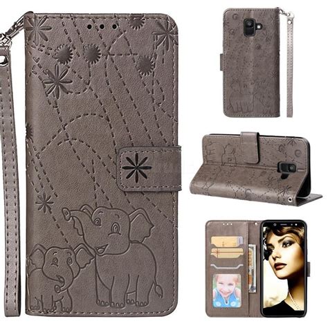 Embossing Fireworks Elephant Leather Wallet Case For Samsung Galaxy A6 2018 Gray Leather