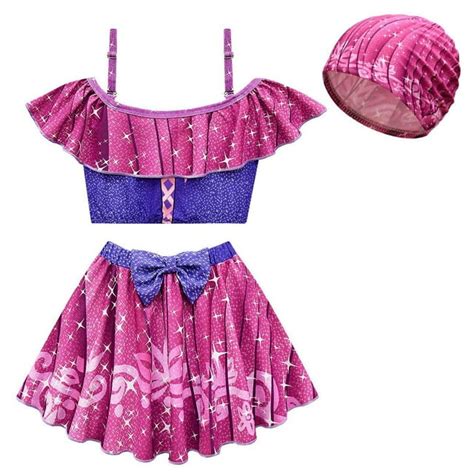 Girls Rapunzel Swimsuit Princess Two Piece Bathing Suit Tankini W Swim Cap Size 2 8