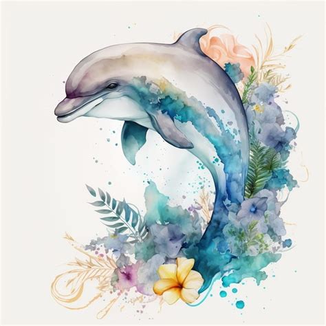 Premium Photo A Dolphin And Flowers Watercolor Painting By J R