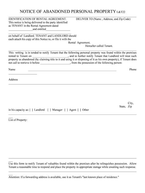 NOTICE Of ABANDONED PERSONAL PROPERTY L T22 Form Fill Out And Sign