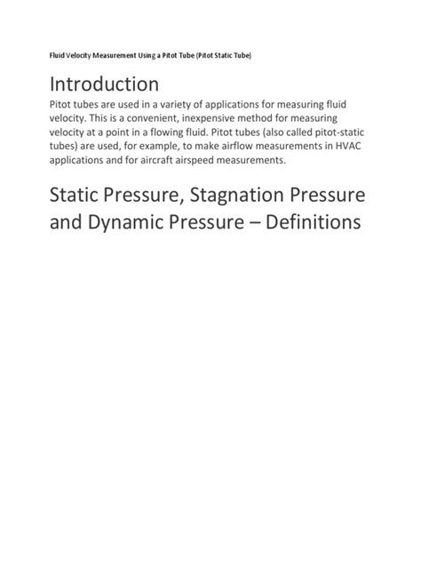 Fluid Velocity Measurement Using A Pitot Tube Pdf Pressure
