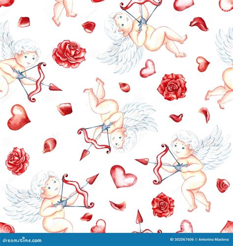 Seamless Pattern With Cute Cupids With Bow Arrows Hearts And Roses