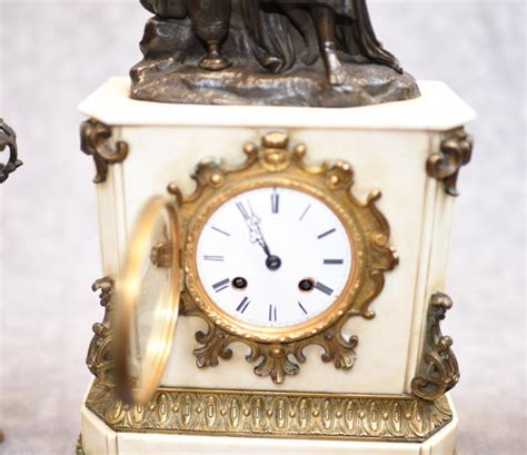 French Mantel Clock Empire Marble Ormolu Set Bronze Figurine