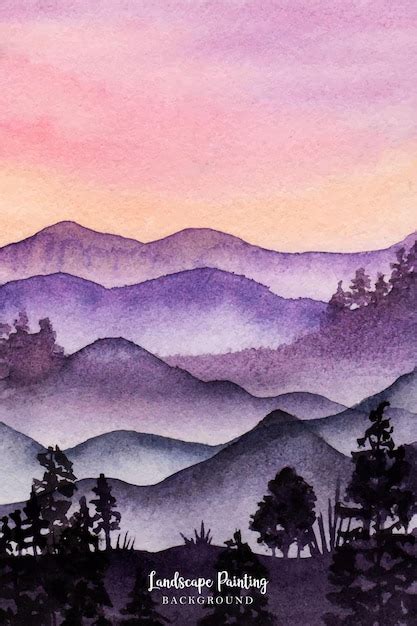 Uma Bela Aquarela De Paisagem Montanhosa Enevoada Vetor Premium