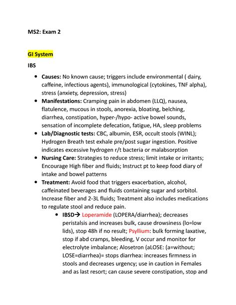 Med Surg Exam 2 MS Exam 2 Notes MS2 Exam 2 GI System IBS Causes