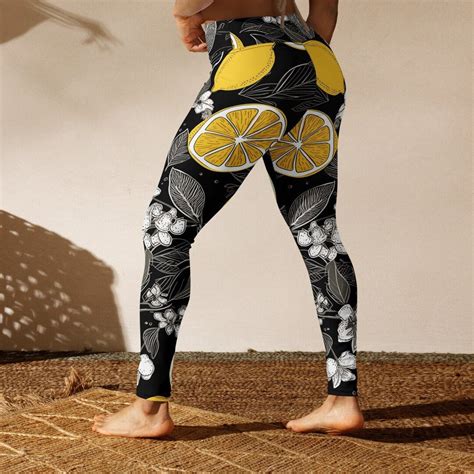 Dark Lemon Leggings Lemon Yoga Pants Citrus Print Leggings Fresh