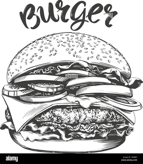 Big Burger Hamburger Hand Gezeichnet Vektor Illustration Realistische Skizze Stock Vektorgrafik