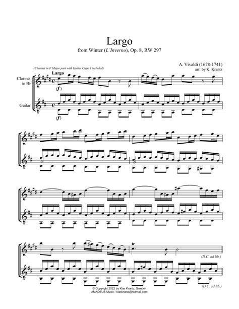 Largo From Winter L Inverno For Clarinet In Bb And Guitar Arr K