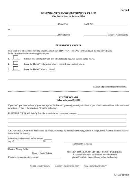 Fillable Online Ndcourts Form 4 DEFENDANTS ANSWERCOUNTER CLAIM See