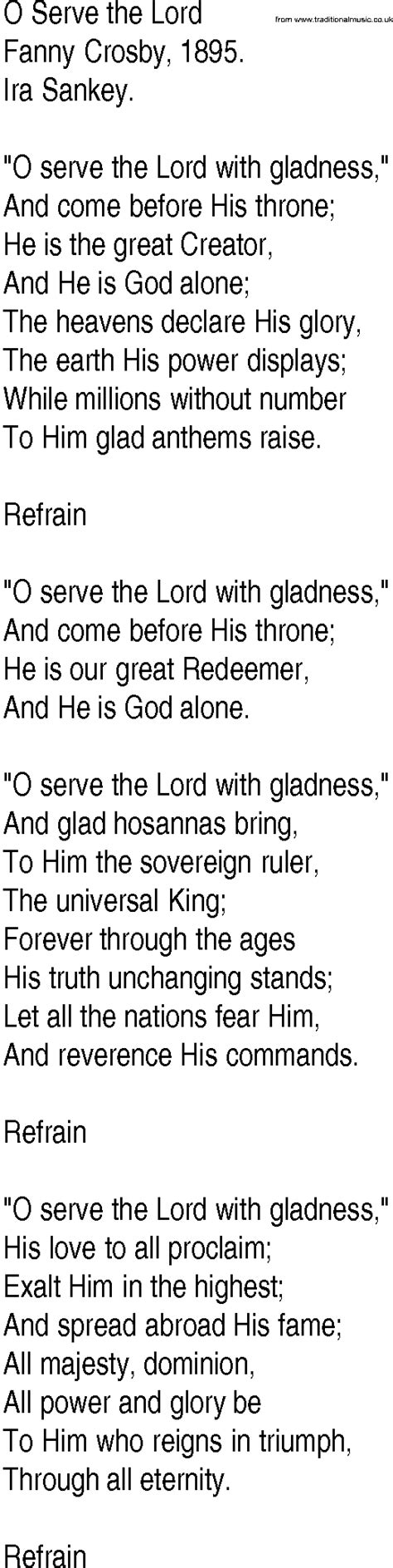 Hymn And Gospel Song Lyrics For O Serve The Lord By Fanny Crosby