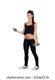 Happy Fitness Woman Lifting Dumbbells Isolated Stock Photo