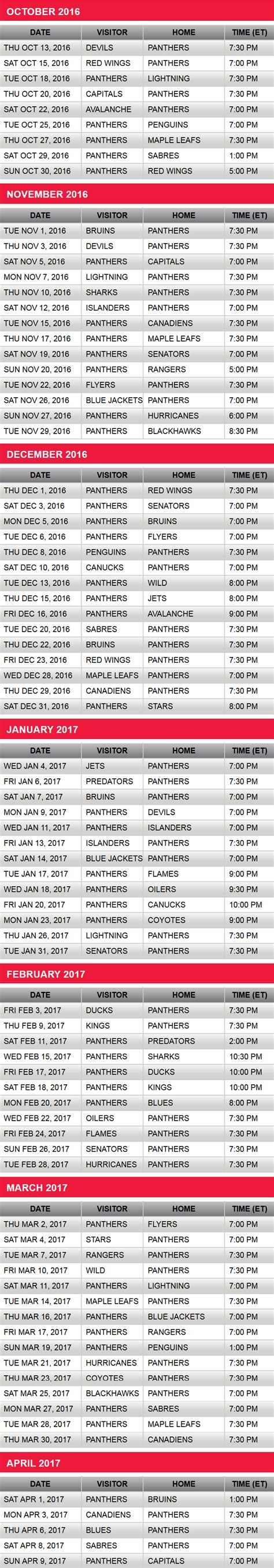 Florida Panthers Printable Schedule 2024