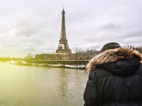 Parisian French Man Watching The Flooding Swollen Seine River Editorial