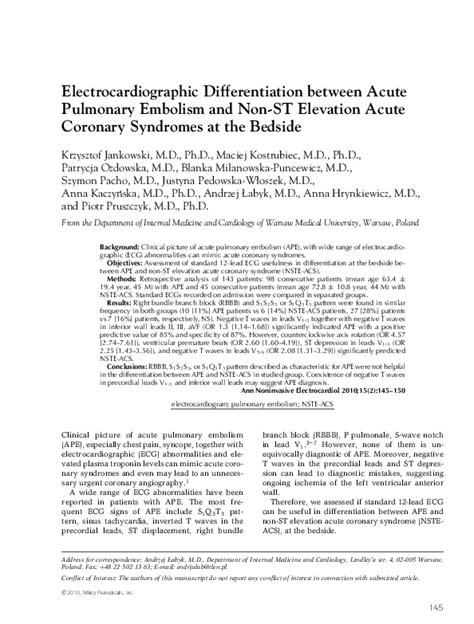 Pdf Electrocardiographic Differentiation Between Acute Pulmonary